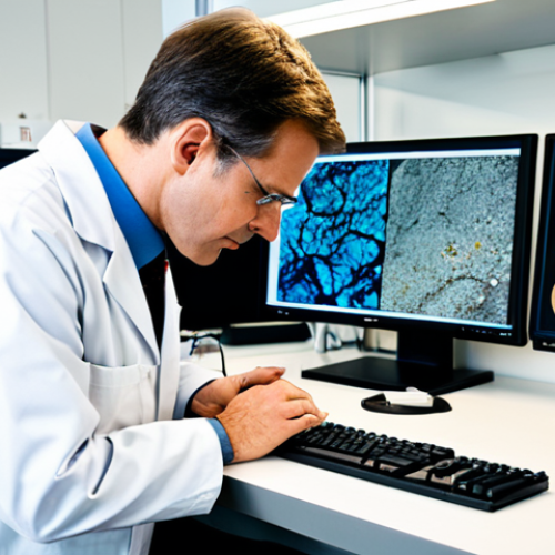 Home 19 A professional geoscientist, fully clothed in a clean lab coat over modest, appropriate business casual attire, is meticulously examining a rock sample under a high-magnification microscope in a modern geoscience laboratory. The lab is clean, well-lit, and features advanced scientific instruments, computer screens displaying complex geological data, and organized shelves of rock core samples and maps. The subject's pose is natural and focused. safe for work, appropriate content, perfect anatomy, correct proportions, well-formed hands, proper finger count, natural body proportions, professional photography, high quality, detailed, family-friendly.