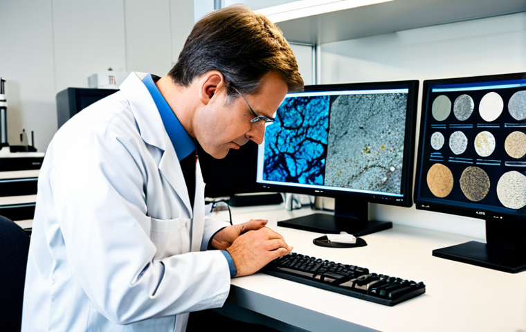 A professional geoscientist, fully clothed in a clean lab coat over modest, appropriate business casual attire, is meticulously examining a rock sample under a high-magnification microscope in a modern geoscience laboratory. The lab is clean, well-lit, and features advanced scientific instruments, computer screens displaying complex geological data, and organized shelves of rock core samples and maps. The subject's pose is natural and focused. safe for work, appropriate content, perfect anatomy, correct proportions, well-formed hands, proper finger count, natural body proportions, professional photography, high quality, detailed, family-friendly.