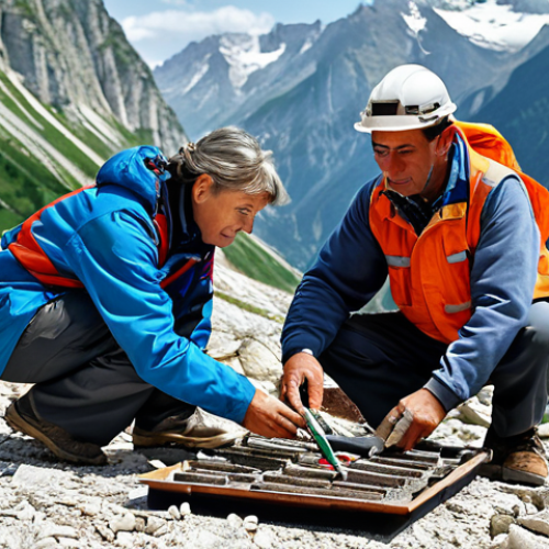 Home 17 **
A team of geologists in appropriate field attire examining sedimentary rock layers in the French Alps, analyzing rock samples with tools, fully clothed, safe for work, professional, natural light, correct proportions, well-formed hands, appropriate content, family-friendly.
**