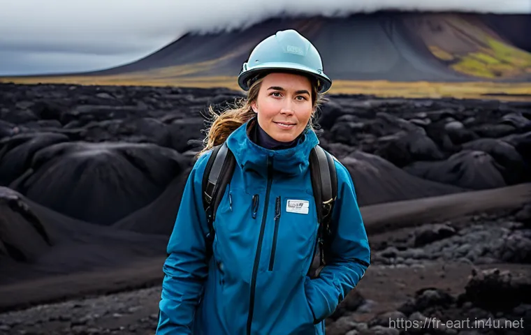 지구과학자 해외 연구기관 연수 - **Prompt:** A female geoscientist, in her late 20s, with a determined yet awestruck expression, stan...