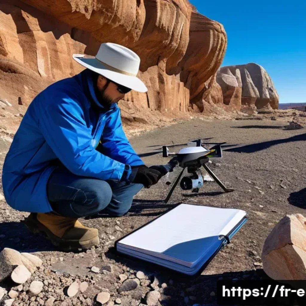 지구과학자 직무별 필수 능력 - A detailed field geology scene showing a geologist in outdoor protective clothing using modern tools...