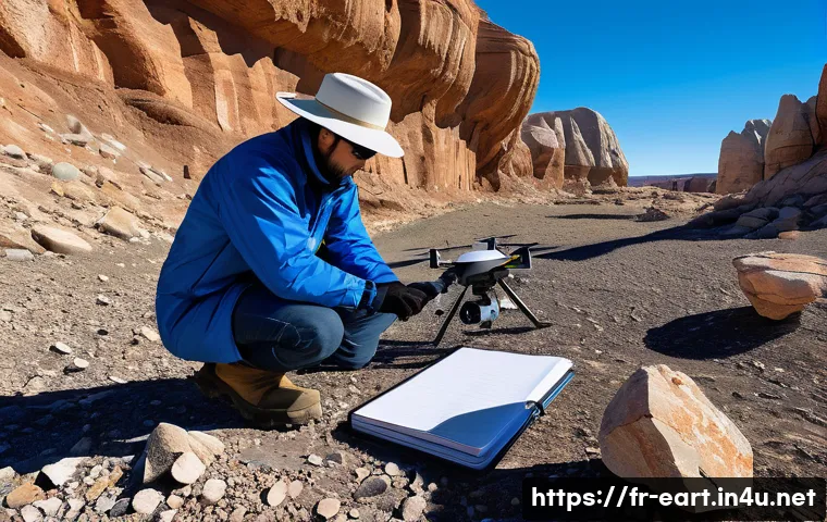 지구과학자 직무별 필수 능력 - A detailed field geology scene showing a geologist in outdoor protective clothing using modern tools...