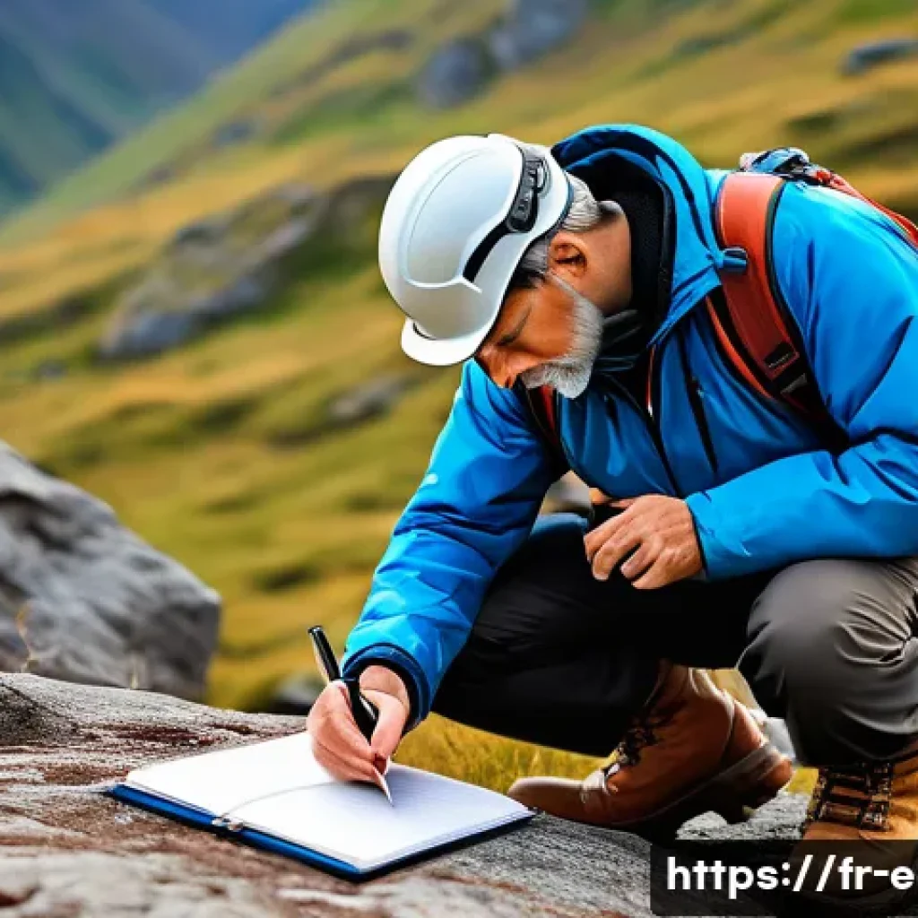 지구과학자 실기 시험 준비 - A detailed field geology scene showing a geologist wearing practical outdoor clothing and sturdy boo...