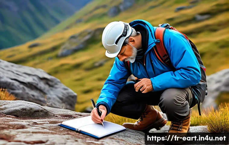 지구과학자 실기 시험 준비 - A detailed field geology scene showing a geologist wearing practical outdoor clothing and sturdy boo...