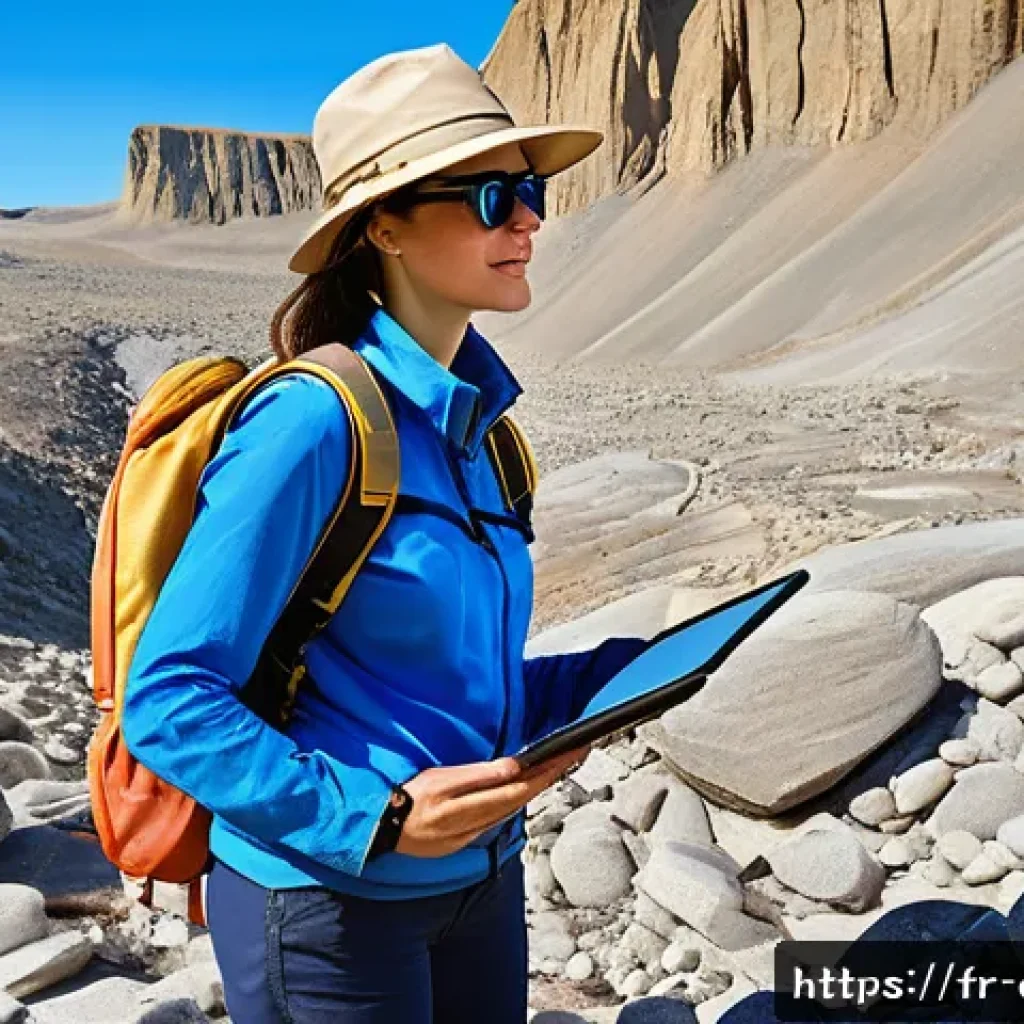 지구과학자 자격증 취득 후 경력 관리 - A professional female geoscientist wearing field-appropriate clothing and sturdy boots, carrying geo...