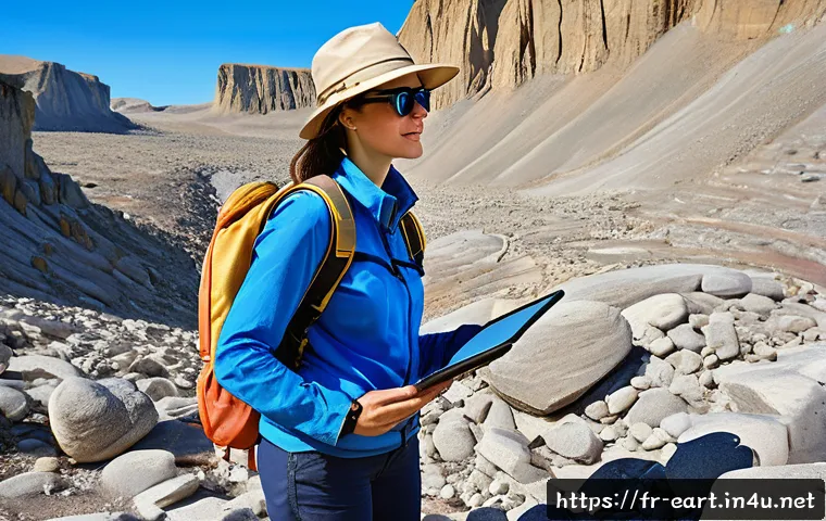 지구과학자 자격증 취득 후 경력 관리 - A professional female geoscientist wearing field-appropriate clothing and sturdy boots, carrying geo...