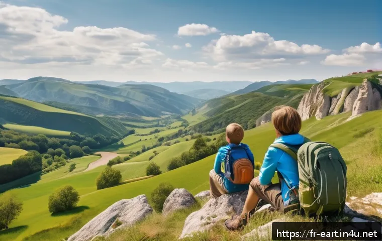 지구과학자 비전공자에게 추천하는 공부법 - A detailed and educational outdoor scene showing a French countryside landscape with visible geologi...
