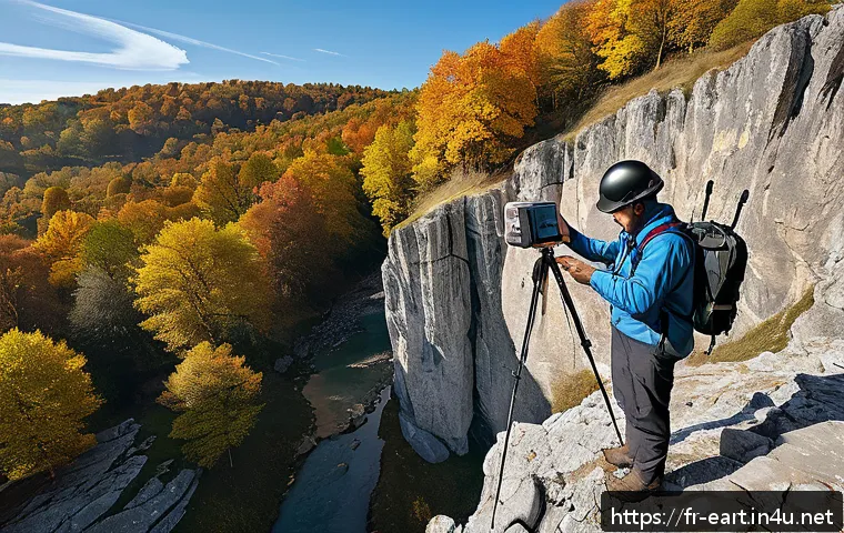지구과학자 직무별 업무 차이 - A detailed outdoor scene of a geologist conducting fieldwork in a rugged French countryside landscap...