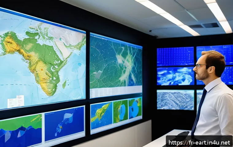 지구과학자 주요 자격증 - A professional geoscientist analyzing complex spatial data on a large high-resolution digital map di...