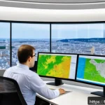 Home 19 지구과학자 공공부문 취업 준비 - A detailed scene of a public sector geoscience professional working in a modern urban planning offic...
