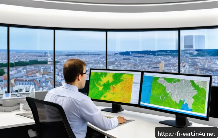 지구과학자 공공부문 취업 준비 - A detailed scene of a public sector geoscience professional working in a modern urban planning offic...