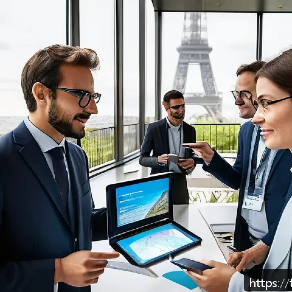 지구과학자 취업을 위한 경력 관리 방법 - A professional networking scene at a geosciences conference in Paris, featuring diverse attendees en...