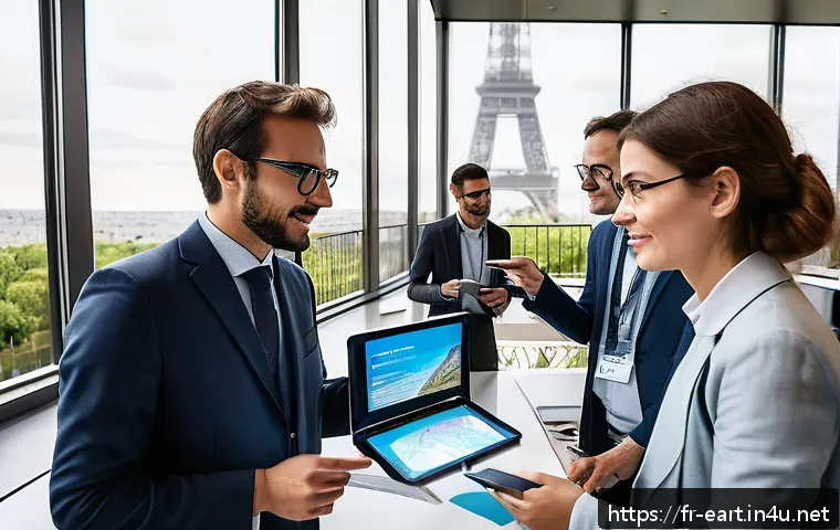 지구과학자 취업을 위한 경력 관리 방법 - A professional networking scene at a geosciences conference in Paris, featuring diverse attendees en...