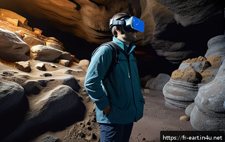 지구과학자 취업 관련 최신 트렌드 - A detailed 3D virtual reality scene showing a geoscientist wearing professional field gear and casua...
