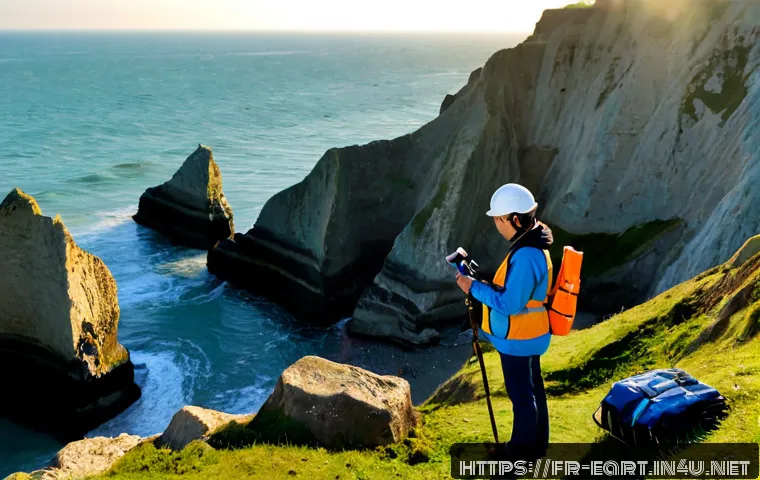 지구과학자 학위 취득 후 진로 - Photorealistic French geoscience graduate conducting a field survey along the rugged Normandy coast,...