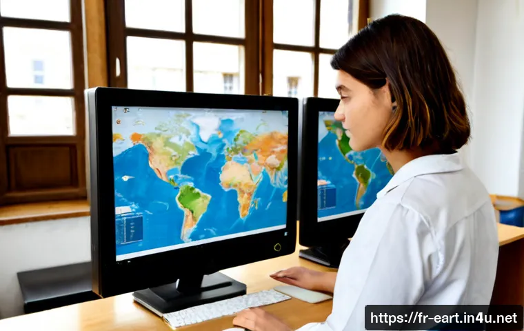 지구과학자 교육 플랫폼 - Photorealistic Earth science education platform scene in a modern French university classroom, diver...