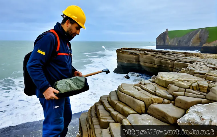 Home 17 지구과학자 실무 경험 - Photorealistic environmental geologist conducting fieldwork along the Normandy coast, wearing practi...