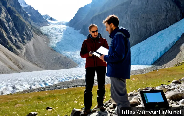 지구과학자 연구 경험 나누기 - Photorealistic environmental scientist in the French Alps sharing field research with two attentive ...